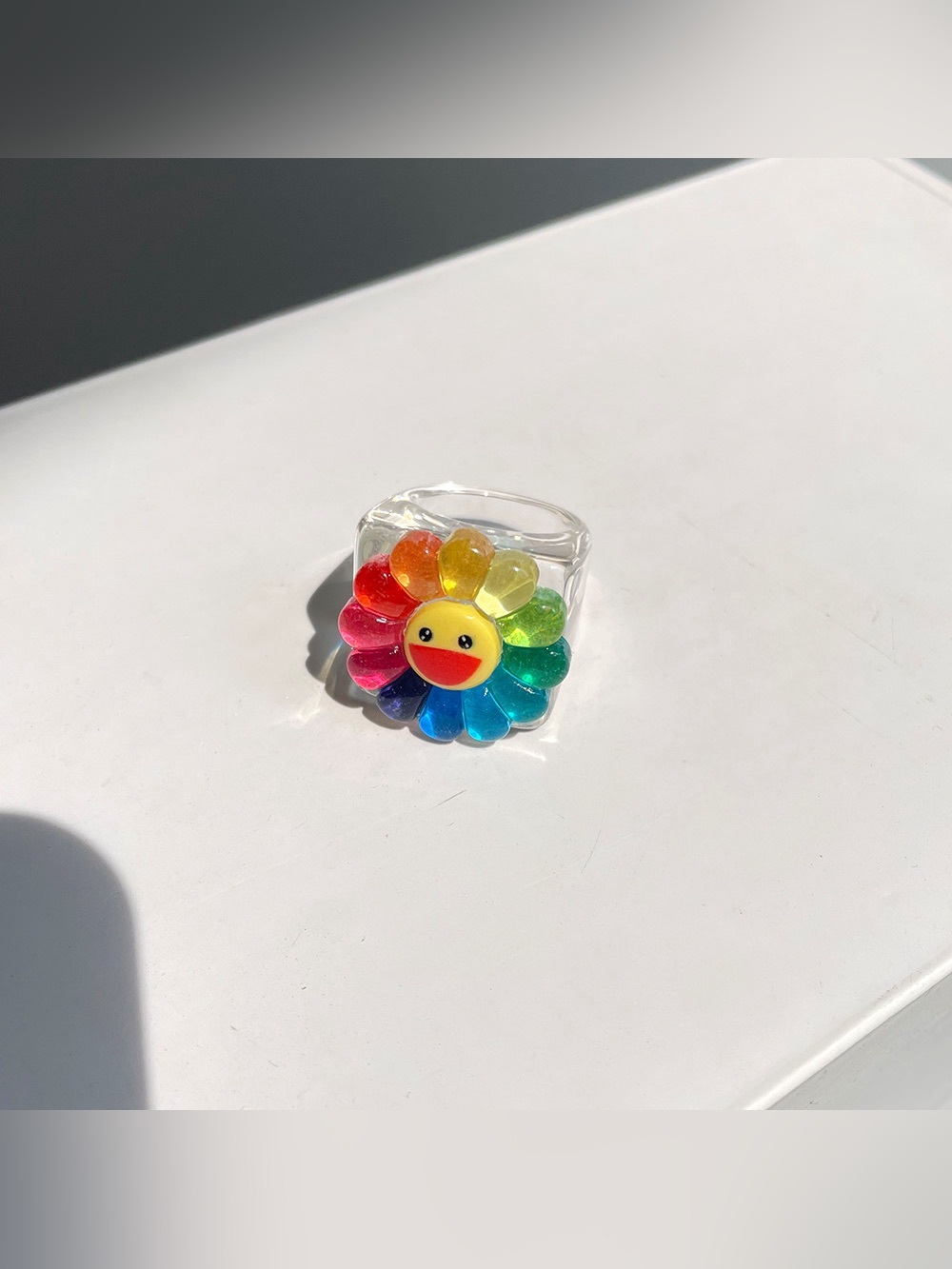 Y2K Aesthetic Rainbow Yellow Sunflower Acrylic Ring - Size 7